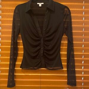 Bar III Black V-neck button up with sheer sexy sleeves size small (d)